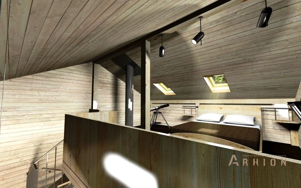 8. Проект одноэтажного дома в стиле барн с двускатной кровлей, l-50, площадью - 51 кв c мансардой, сауной, терассой